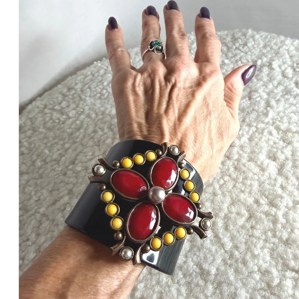 Vintage Extasia Red Bronze Handmade Cuff Bracelet Cab Stone Baroque Cross